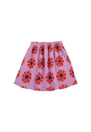 Pink skirt with a gathered waist, featuring a floral pattern of red petals with black centers, made from soft fabric with a lightweight texture.
