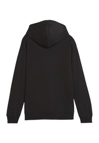 Schwarzer Hoodie mit weichem Material, langen Ärmeln, einer Kordelzugkapuze sowie gerippten Bündchen und Saum. Die Rückansicht zeigt keine zusätzlichen Details.