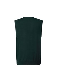 Ciemnozielony sweter bez rękawów, wykonany z dzianiny, o prostym wzorze, z prążkowanym dołem i otworami na ramiona, gładka tekstura, widok z tyłu.