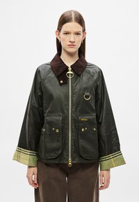 Tume roheline vahatatud jakk, millel on pruun sametkrae, kuldsed detailid, kaks esist taskut ja triibulised varrukate aktsendid. Ees lukk.