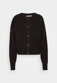 Černý pletený kardigan s kulatým výstřihem, dlouhými rukávy a šesti knoflíky na zapínání vpředu. Hladká struktura a zkrácená délka.