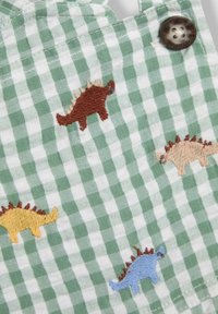 Tela de cuadros verde y blanco con dinosaurios bordados en marrón, amarillo y azul, con un detalle de botón marrón.
