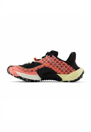 Black and pink running shoe with a mesh upper, hexagonal pattern, lightweight sole, and deep treads for traction. Features reflective details.