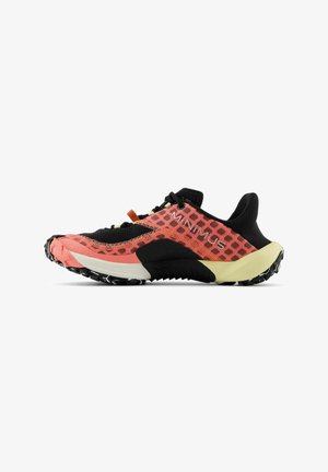Black and pink running shoe with a mesh upper, hexagonal pattern, lightweight sole, and deep treads for traction. Features reflective details.