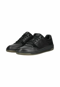 Sneakers in pelle nera con finitura liscia, punta rotonda e design con lacci. Presentano dettagli in camoscio e suola in gomma per una migliore aderenza.