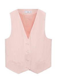 Jasnoróżowa kamizelka z pionowymi białymi paskami, z dekoltem w serek, pięcioma guzikami i dwiema przednimi kieszeniami. Wykonana z tkanej tkaniny o gładkiej fakturze.