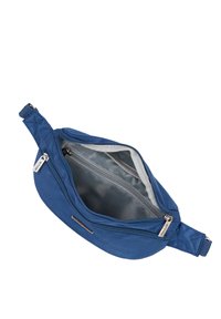 Modrý látkový bum bag s hladkým povrchem, zipovým otevíráním, šedou vnitřní podšívkou a dalším kapsičkem uvnitř. Obsahuje kovové doplňky.