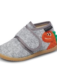 Szare wełniane kapcie z rzepem i gumową podeszwą, z jasnopomarańczowym dinozaurem na boku.