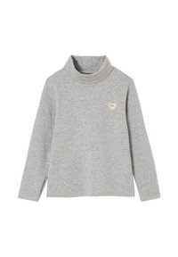 Grauer Pullover mit Schalkragen, langen Ärmeln und einem kleinen goldenen Herzdetail auf der Brust. Hergestellt aus weichem Baumwollmaterial.