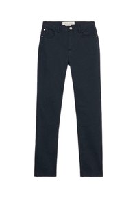 Donker marineblauwe denim jeans met een slim fit, met een vijf-pocket ontwerp, een knoopsluiting aan de voorkant en subtiele stikdetails.