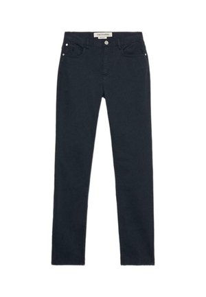 Pantalones vaqueros de mezclilla azul marino oscuro con ajuste slim, que cuentan con un diseño de cinco bolsillos, un cierre frontal con botón y detalles de costura sutiles.