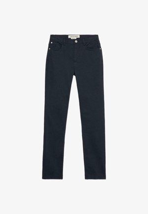 Tmavě námořnické modré džíny s úzkým střihem, které mají pětikl pockets design, zapínání na knoflík vpředu a jemné detaily šití.