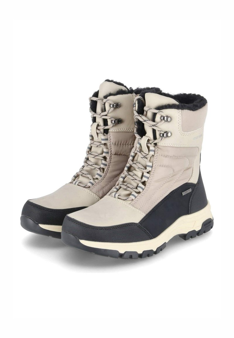 Bottes imperméables beige et noires avec une finition texturée, design à lacets et doublure en fourrure. Présentent une semelle robuste et un bout renforcé.