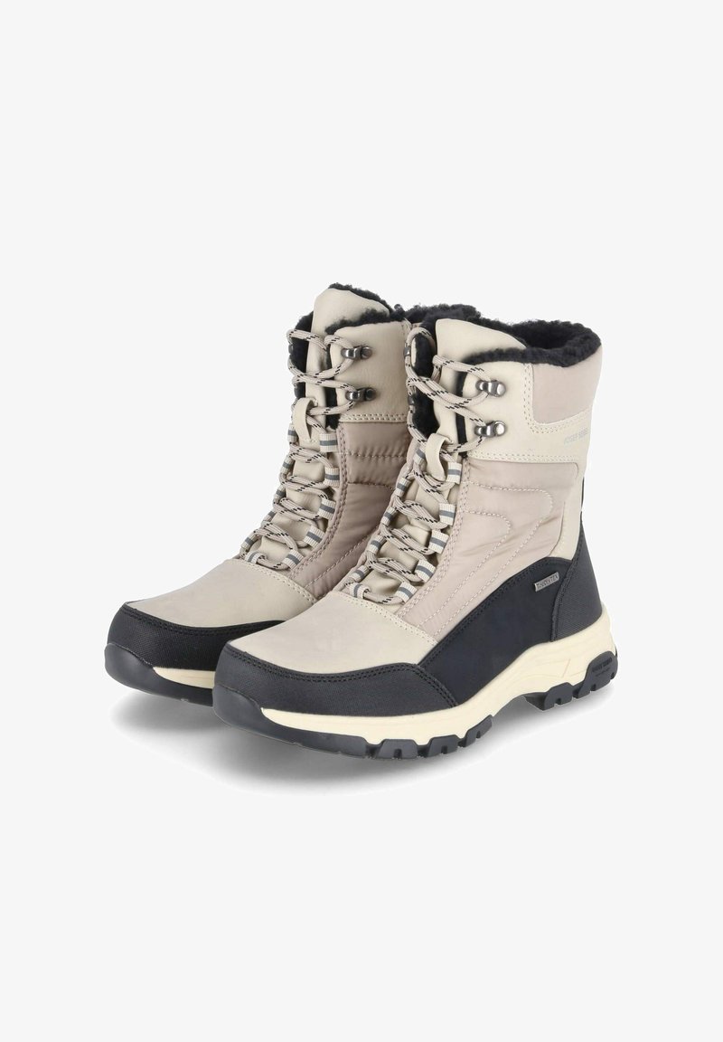 Beige en zwarte waterdichte laarzen met een gestructureerde afwerking, vetersluiting en bontvoering. Voorzien van een stevige zool en versterkte neus.