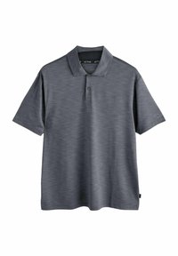 Grå kortærmet polo-shirt med et tekstureret, meleret mønster, tre knapper og krave.