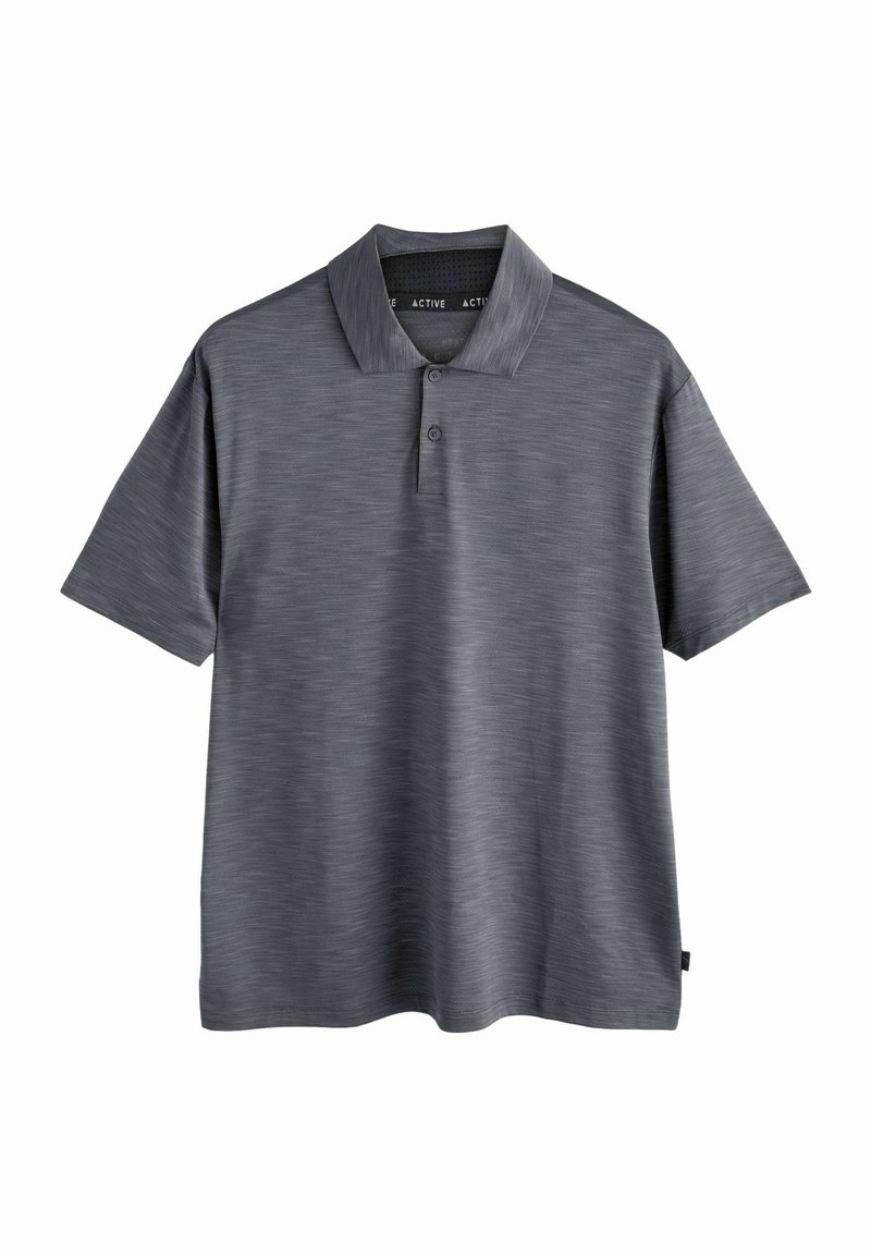 Grå kortærmet polo-shirt med et tekstureret, meleret mønster, tre knapper og krave.