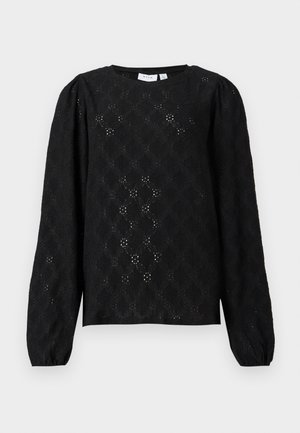 Svart langermet bluse med rund hals, delikat brodering med hullmønster og lett puffede ermer med elastiske mansjetter.
