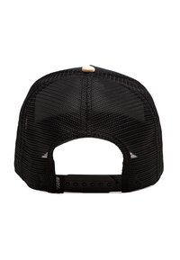 Melnā sieta cepure ar plakanu maliņu, ar krēmkrāsas pogu un regulējamu snapback aizdari. Tekstūras virsma ar strukturētu formu.