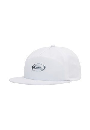 White baseball cap made of fabric with a flat visor. Features a silver logo patch on the front and a button on top.