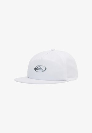 White baseball cap made of fabric with a flat visor. Features a silver logo patch on the front and a button on top.