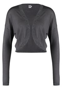 Kortärmad, långärmad kofta i mörkgrått tyg. Har en V-ringning med silverdetaljer längs kanterna och en mjuk, lätt textur.