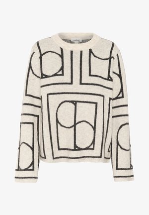 Knitted sweater in cream with black geometric patterns, featuring a round neckline and long sleeves, soft texture, and cropped fit.