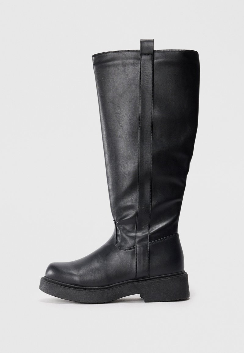 Black knee-high boots made of smooth leather with a flat sole, featuring a side seam and a small pull tab at the top for easy wear.