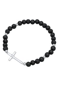Perlas de lava negra con cuentas de acento plateadas y un colgante de cruz plateado. Forma redonda, superficie texturada y diseño simple.