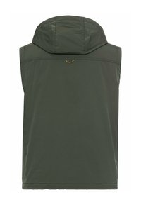 Ärmellose, kapuzenlose äußere Weste in Dunkelgrün mit glatter Textur, integrierter Kapuze und dezentem Logo-Akzent auf dem Rücken.
