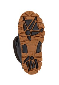 Botte marron foncé avec une semelle en caoutchouc. La semelle est texturée avec un mélange de motifs noirs et beiges. Taille indiquée comme 25.