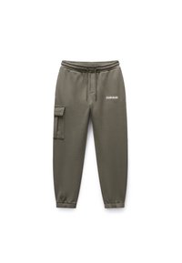 Olivgrüne Sweatpants mit elastischem Bund und Bündchen an den Knöcheln. Verfügt über eine seitliche Cargo-Tasche und ein dezentes weißes Logo auf der Vorderseite. Weicher Stoff.