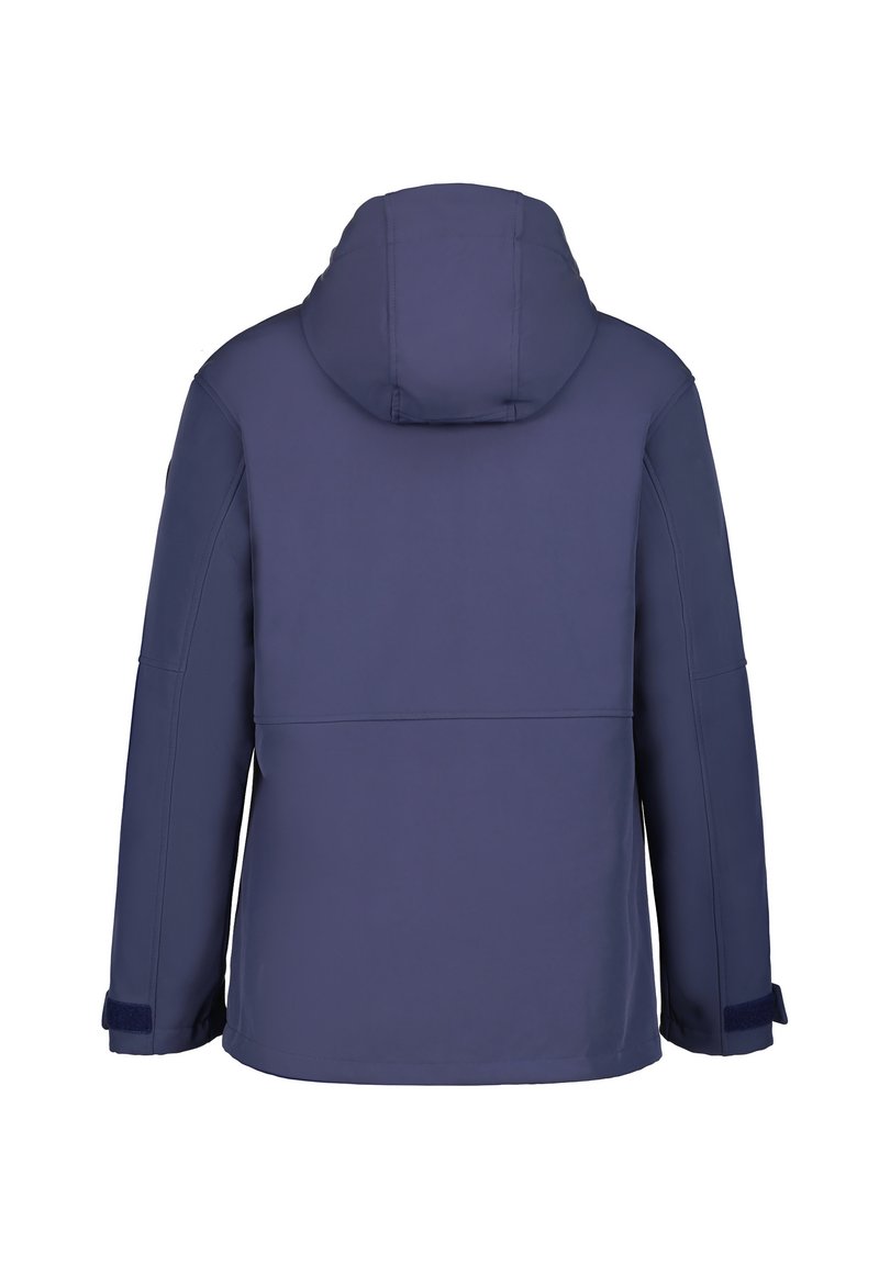 Granatowa kurtka z kapturem, wodoodporny materiał, o prostym kroju i regulowanymi mankietami. Minimalistyczny design bez ozdób.