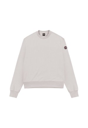 Licht beige crewneck sweatshirt met lange mouwen, geribde boorden en zoom en een klein rond logopatch op de linker bovenmouw.