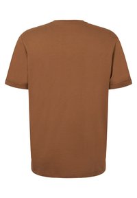 Braunes Baumwoll-T-Shirt mit runder Halslinie und kurzen Ärmeln, das ein schlichtes Design und einen leicht abgerundeten Saum aufweist.