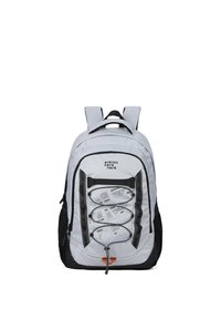 Sac à dos gris et noir au design structuré, avec un cordon élastique à l'avant, des bretelles ajustables et plusieurs compartiments pour le rangement.