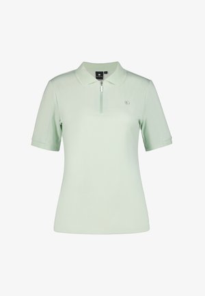Polo de color verde menta con cuello con cremallera, mangas cortas y una textura suave. Presenta un pequeño logo en el lado izquierdo del pecho.