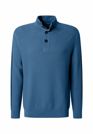 Blue textured long-sleeve pullover with a high collar, featuring a three-button placket and ribbed cuffs and hem.