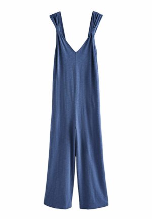 Blue jumpsuit with wide legs and a V-neck. Features knotted shoulder straps and a smooth, lightweight fabric texture.