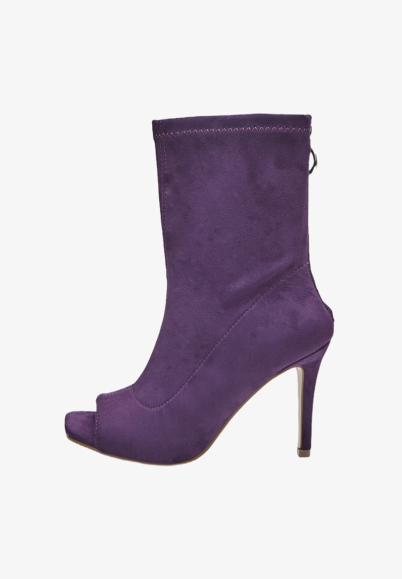 Purple suede high-heeled ankle boot with peep toe and zipper closure at the back.