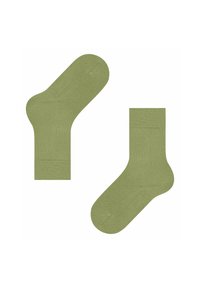 Dwa pary oliwkowozielonych skarpetek są wyeksponowane, mając prążkowany mankiet i gładką fakturę, leżąc na białym tle.
