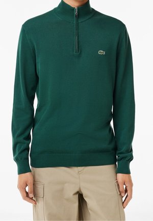 Homme portant un pull à col montant zippé vert foncé avec un petit logo crocodile sur la poitrine et un pantalon cargo beige.