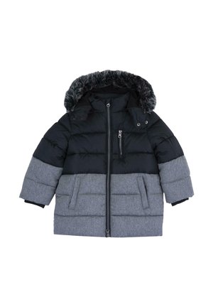 Child's two-tone winter jacket with black upper part, gray lower part, front zipper, chest pocket zipper, and fur-lined hood.