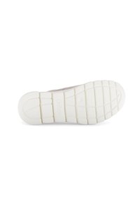 Witte rubberen sneakerzool met een gestructureerd profielontwerp, gegraveerd logo en gladde randen voor grip en ondersteuning.