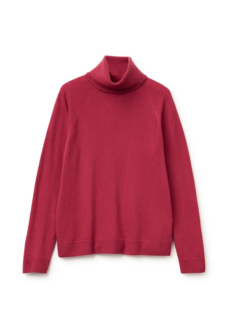 Roter Rollkragenpullover aus weichem, strukturiertem Material. Mit Raglanärmeln, gerippten Bündchen und Saum sowie einem hohen, umgeschlagenen Kragen.