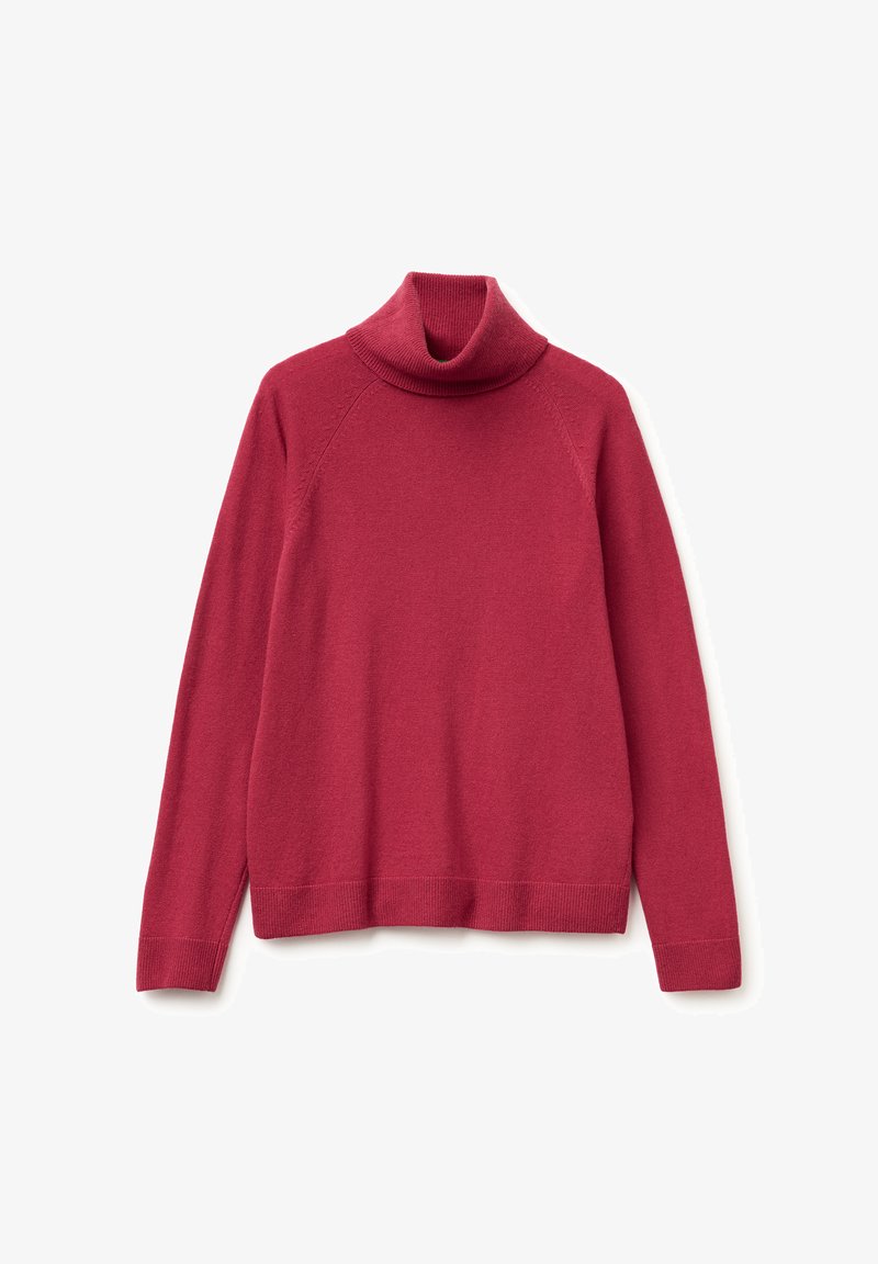 Roter Rollkragenpullover aus weichem, strukturiertem Material. Mit Raglanärmeln, gerippten Bündchen und Saum sowie einem hohen, umgeschlagenen Kragen.
