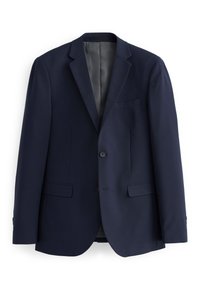 Blazer azul marino hecho de tejido suave, con un cierre de dos botones, solapas tipo notch y dos bolsillos frontales con forma recta.
