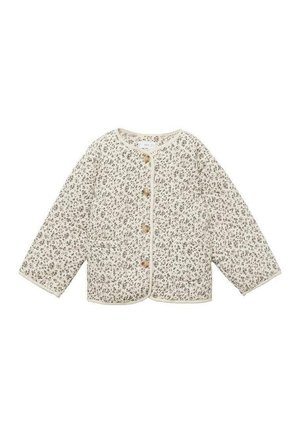 Kremowa pikowana kurtka z małym czarnym kwiatowym nadrukiem, okrągłym dekoltem, długimi rękawami, guziczkami z przodu oraz dwoma przednimi kieszeniami.