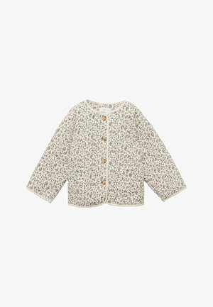 Veste matelassée crème avec petit imprimé floral noir, col rond, manches longues, boutons à l'avant et deux poches avant.