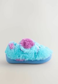 Türkisfarbene, flauschige Hausschuhe mit lila Punkten, weicher Textur, runder Form und einer hellblauen Sohle für zusätzlichen Komfort.