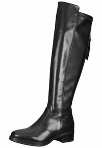 Botte en cuir noir jusqu'au genou avec une texture lisse, bout carré, petit talon carr é et détail de fermeture éclair sur le côté.